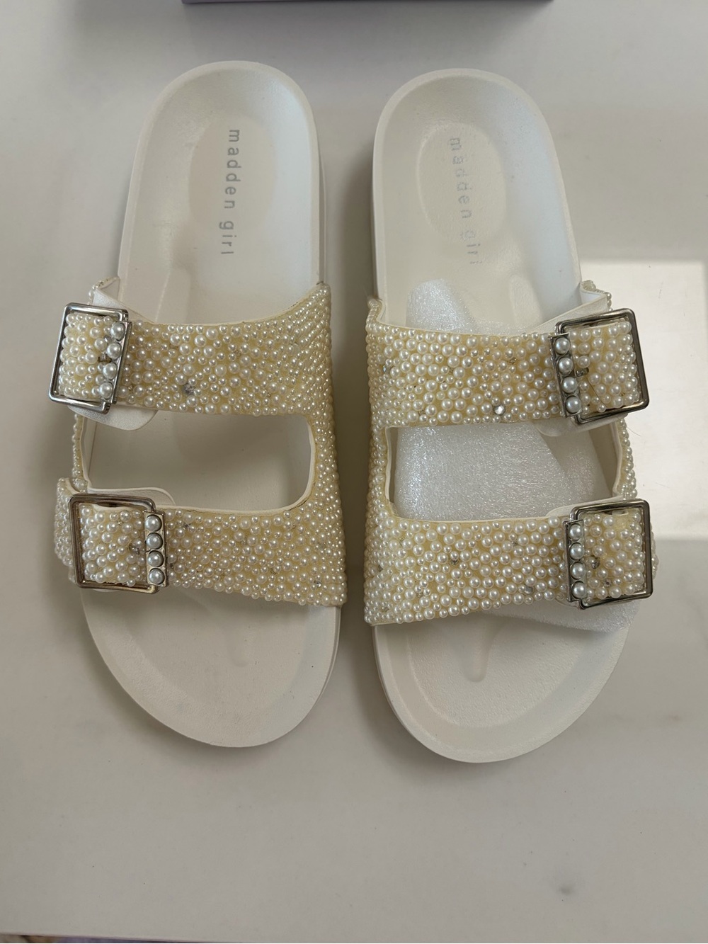 Madden Girl Pearl-Embellished Cream Slide Sandals with Buckles